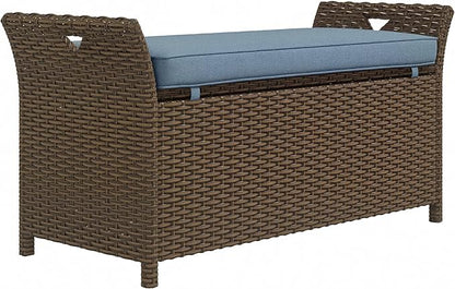 Outsunny 29 Gallon Patio Wicker Storage Bench, Outdoor PE Rattan Patio Furniture, 2-in-1 Large Capacity Rectangle Garden Storage Box with Handles and Cushion, Dark Blue