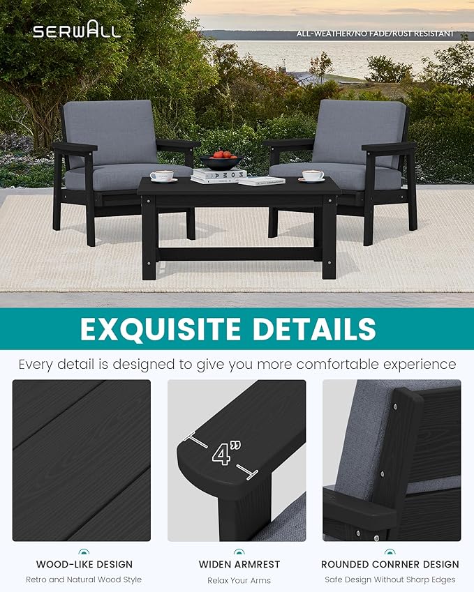 SERWALL HDPE Outdoor Couch Set of 2, Black Frame and Grey Cushion - Photo 4