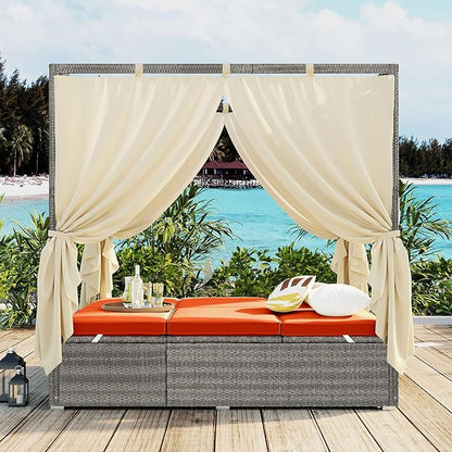 Harper & Bright Designs Adjustable Outdoor Sun Lounger with Canopy,Multi-Position Recline Patio Chair with Removable Cushion,Weather-Resistant Rattan Chaise Lounge for Poolside,Garden & Terrace,Orange