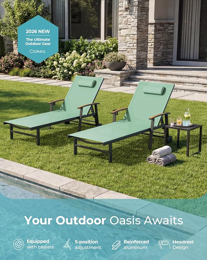Ciokea Outdoor Lounge Chair with Pillow Set of 4, 5-Position Chaise Lounge with Wheels & Armrests - Photo 7