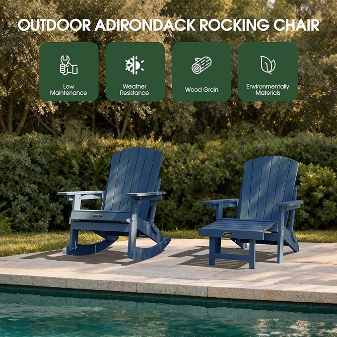 Adirondack Rocking Chair with Retractable Ottoman Set of 4, 4-in-1 Foldable Reclining Patio Chair, HDPE Wood-Look Outdoor Rocker for Porch, Garden & Poolside, Navy Blue