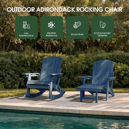 Adirondack Rocking Chair with Retractable Ottoman Set of 4, 4-in-1 Foldable Reclining Patio Chair, HDPE Wood-Look Outdoor Rocker for Porch, Garden & Poolside, Navy Blue