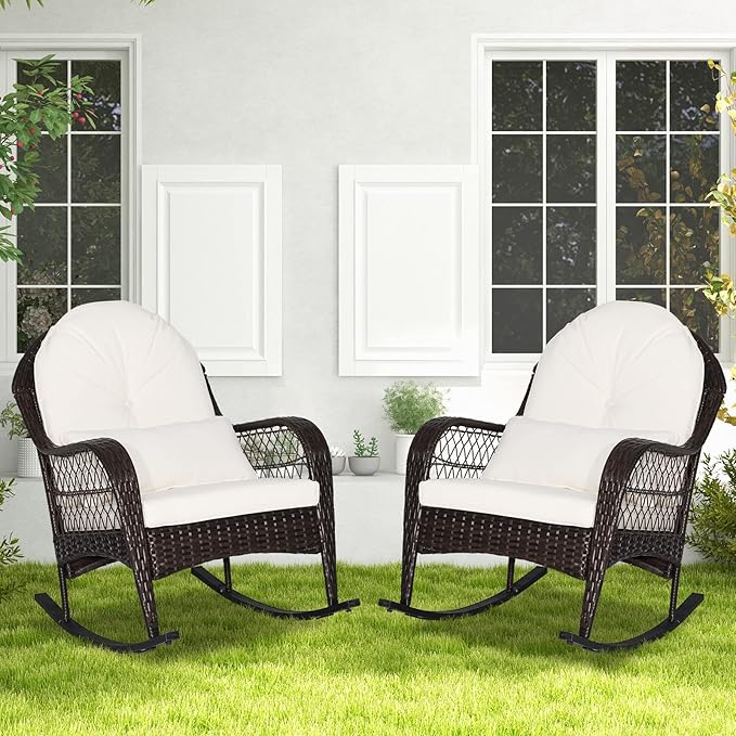 ORALNER Patio Wicker Rocking Chair, Outdoor PE Rattan Rocker with Seat and Back Cushion, Waist Pillow, Armrests, Garden Chair for Porch, Backyard, Poolside, Deck (2, Off White)