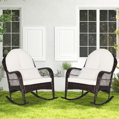 ORALNER Patio Wicker Rocking Chair, Outdoor PE Rattan Rocker with Seat and Back Cushion, Waist Pillow, Armrests, Garden Chair for Porch, Backyard, Poolside, Deck (2, Off White)