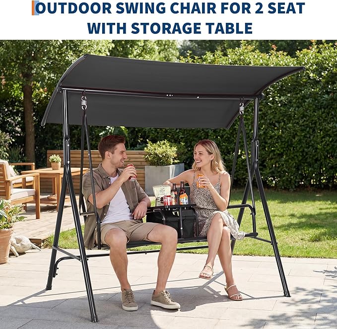 Porch Swing with Cup Holders & Pivot Storage Table & Cooler Bag with Adjustable Canopy for 2 Person Patio Swing for - Photo 4