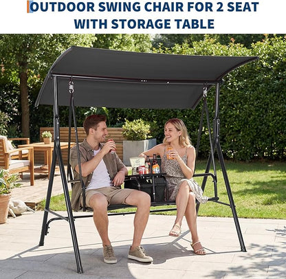 Porch Swing with Cup Holders & Pivot Storage Table & Cooler Bag with Adjustable Canopy for 2 Person Patio Swing for Backyard Balcony Poolside Black