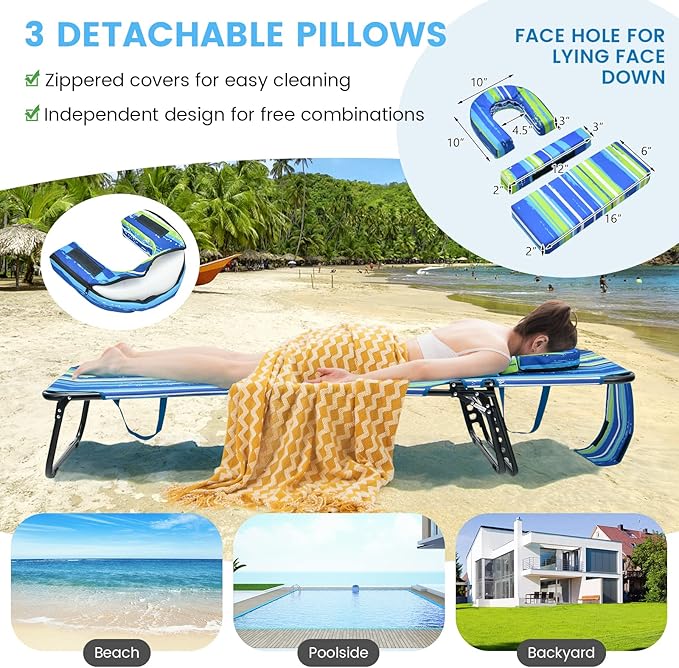 COSTWAY Tanning Chair with Face Hole, Pillows & 5-Position Adjustable Backrest, Portable with Carrying Bag - Photo 6