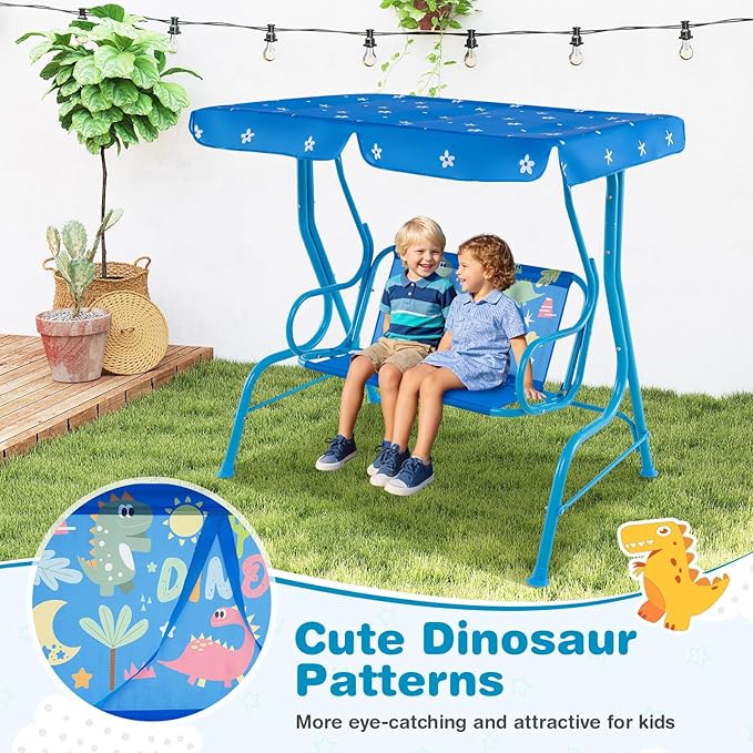 Costzon Kids Porch Swing, All-Weather Patio Swing Bench Hammock w/Adjustable Canopy & Safety Belts for 2 Children - Photo 4