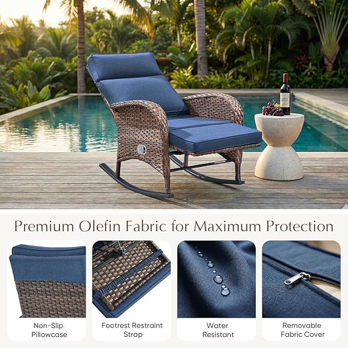 Belord 3 Piece Wicker Patio Furniture Set - Outdoor Swivel Rocker Recliner Chair with Adjustable Backrest & Footrest, All Weather Reclining Lounge Chair with Thick Cushion for Pool Deck Garden Blue