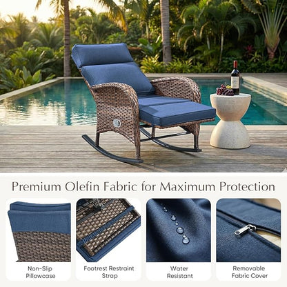 Belord 3 Piece Wicker Patio Furniture Set - Outdoor Swivel Rocker Recliner Chair with Adjustable Backrest & Footrest, All Weather Reclining Lounge Chair with Thick Cushion for Pool Deck Garden Blue