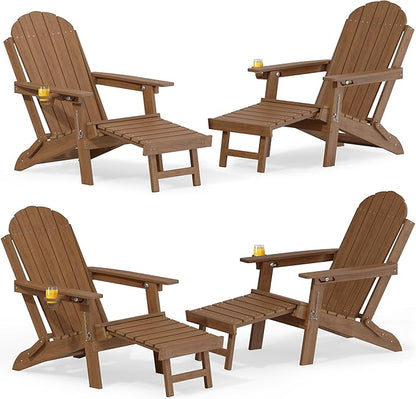 YEFU Adirondack Chair with Ottoman Outside: Adjustable Folding Adirondack Chairs Set of 4 - Fire Pit Chairs with Cup Holder - Sturdy HDPE Plastic All Weather for Patio/Fire Pit/Deck(Shallow Walnut)