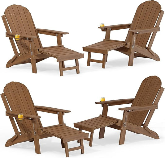 YEFU Adirondack Chair with Ottoman Outside: Adjustable Folding Adirondack Chairs Set of 4 - Fire Pit Chairs with Cup Holder - Sturdy HDPE Plastic All Weather for Patio/Fire Pit/Deck(Shallow Walnut)