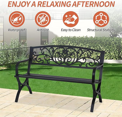 Outdoor Bench Patio Garden 50 Inches Metal Porch Furniture Loveseat, Front Porch Bench with Armrests Patterned Backrest Slatted Seat for Park, Porch, Yard, Lawn, Balcony, Black