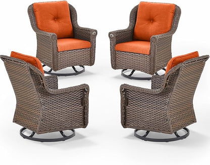 Patio Chairs Outdoor Swivel Glider - Set of 4 High Back Outside Brown Wicker Rattan Rocking Chair with Thick Cushion for Porch Apartment Deck Yard Poolside Garden - Orange