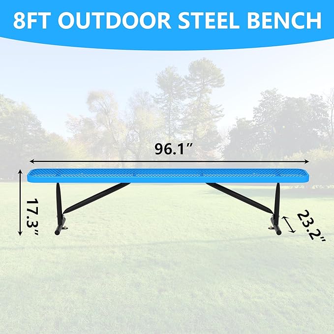 8 Feet Outdoor Steel Bench, Blue Heavy Duty Metal Park Bench for Outside, Weatherproof Dock Bench, 96" L Commercial Benches Mesh Bench for Shopping Mall, Store, Lawn, Park, Patio, Deck, Garden