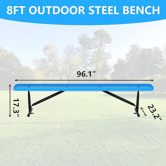 8 Feet Outdoor Steel Bench, Blue Heavy Duty Metal Park Bench for Outside, Weatherproof Dock Bench, 96" L Commercial Benches Mesh Bench for Shopping Mall, Store, Lawn, Park, Patio, Deck, Garden