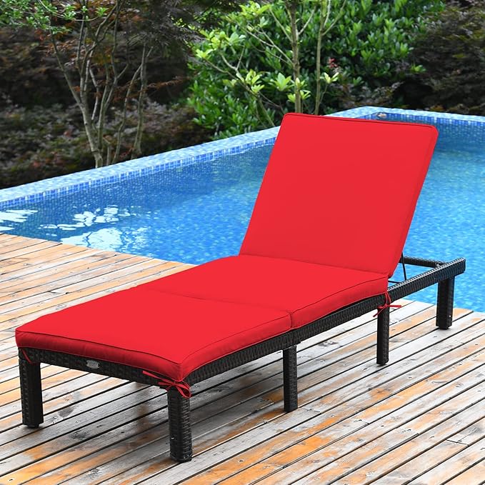 COSTWAY 2PCS Patio Rattan Lounge Chair, 6-Gear Adjustable Chasie Lounge, Outdoor Recliner for Deck, Backyard (Red) - Photo 3