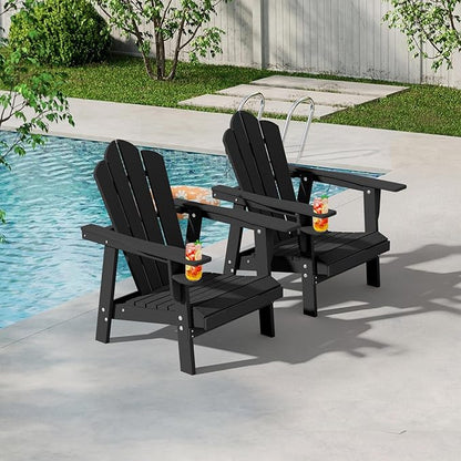 PROHIKER Adirondack Chair Set of 2, HDPE Outdoor Patio Chair with Cup Holder All Weather Outdoor Chairs for Lawn Garden Porch Backyard, Plastic, Black