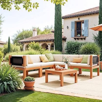 Devoko Outdoor Sectional Couch 6 Pieces Patio Sectional Sofa with Acacia Wood Coffee Table, Outdoor L-Shaped Couch with All-Weather Cushion for Patio,Deck,Backyard(White)