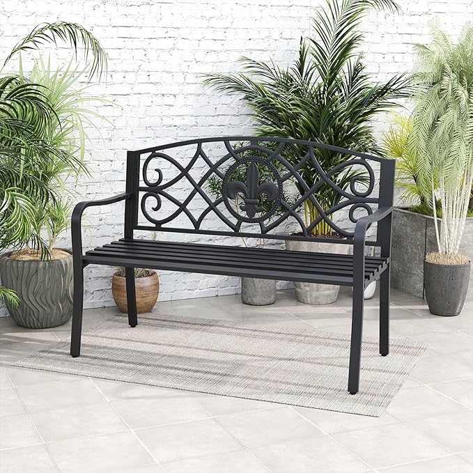 Giantex 50.5” Outdoor Bench with Metal Frame, Floral Design Cast Iron Backrest, Slatted Seat, Adjustable Foot Pads, Load 660Lbs, Garden Bench for Outside Patio Backyard Porch Park, Black