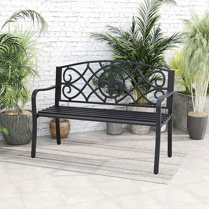 Giantex 50.5” Outdoor Bench with Metal Frame, Floral Design Cast Iron Backrest, Slatted Seat, Adjustable Foot Pads, Load 660Lbs, Garden Bench for Outside Patio Backyard Porch Park, Black