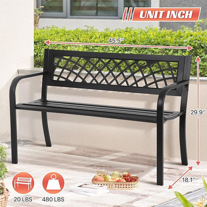 Garden Bench Patio Bench Outdoor Park Bench Metal Outside Porch Chair Seat Cast Iron Steel Frame Sturdy Bench Patio Furniture for Yard Porch Entryway Lawn Decor Deck, Black, 46 in