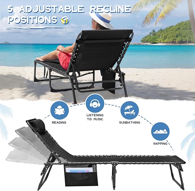 Devoko Lounge Beach Chair for Adults, Outdoor Sun Tanning Chair, Portable Folding Camping Lay Chaise Lounge Chairs for Outside Beach Pool Reading, Sunbathing (1, Black)