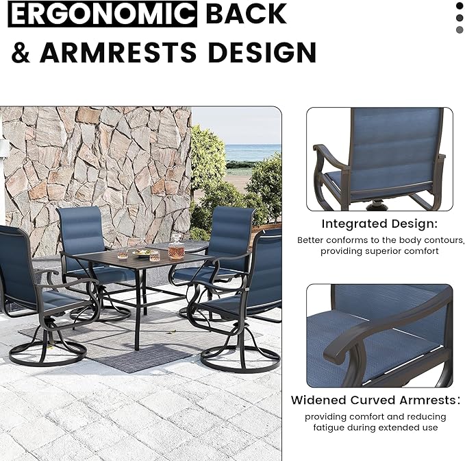 Patio Swivel Chairs Set of 2, Outdoor Dining Chairs with High Back, All-Weather Swivel Rocker Chair for Lawn, Porch or Garden (Padded Navy)