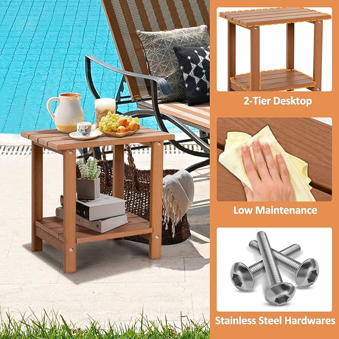 2 Tier Outdoor Side Table with Wood-Like Grain, 16.6" HDPE Adirondack Table Patio Side Table, Weather Resistant End Table for Pool, Patio & Porch, Small Outdoor Table(Teak, Rectangle)