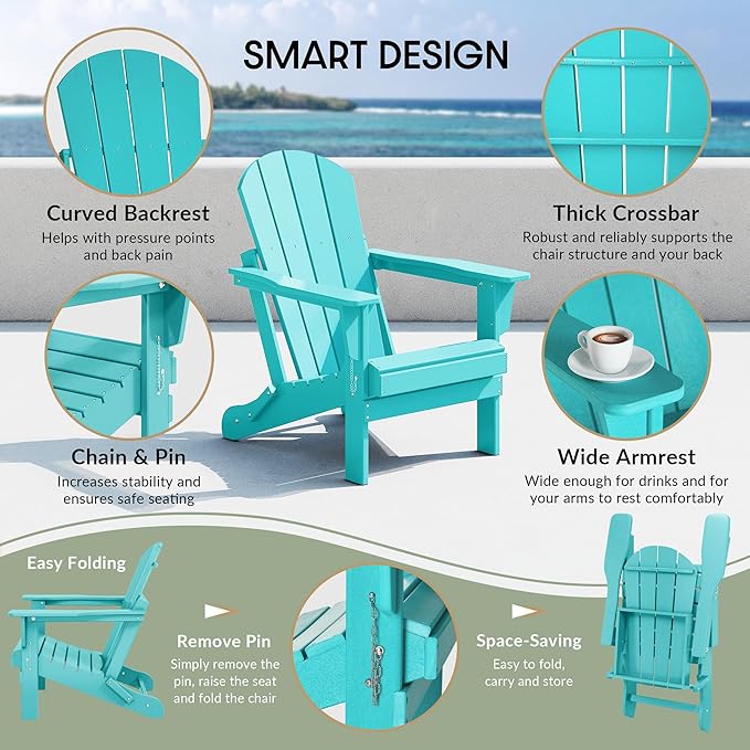 WestinTrends Malibu 4-Piece Set Outdoor Folding Poly Adirondack Chair, Turquoise