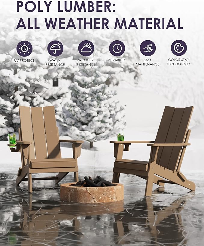 Folding Adirondack Chairs, All-Weather Resistant HDPE Patio Firepit Chairs, Sturdy Outside Chairs with Cup Holder, Pre-Installed Lawn Chairs Load Capacity 385lb, Weathered Wood