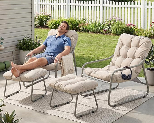 BULEXYARD Patio Lounge Chair with Ottoman, Set of 2, 4" Thick Cushion Reading Lounge Chairs, Heavy-Duty Outdoor Conversation Seating for Balcony, Yard, Garden, Porch, Poolside, Beige