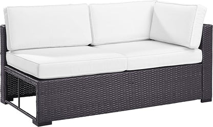 Crosley Furniture Biscayne Outdoor Sectional Loveseat, 2-Person Wicker Patio Couch for Deck, Backyard, Brown with White Cushions