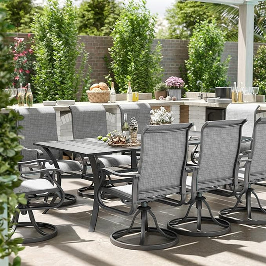 Amopatio Patio Swivel Chairs Set of 8, Outdoor Swivel Rocker Dining Chairs with All Weather Textilene High Back & Metal Frame, for Backyard Deck Lawn, Light Gray