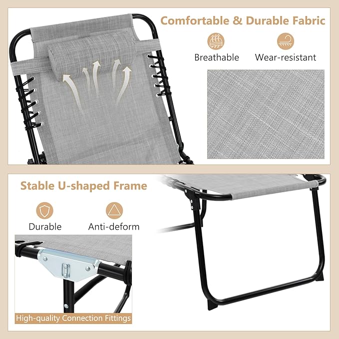 Giantex Patio Lounge Chairs for Outside - Set of 2 Folding Tanning Chair w/Headrest, 4 Adjustable Positions, Side Pocket, Outdoor Chaise Lounge for Camping, Pool, Sunbathing Beach Chair, Grey