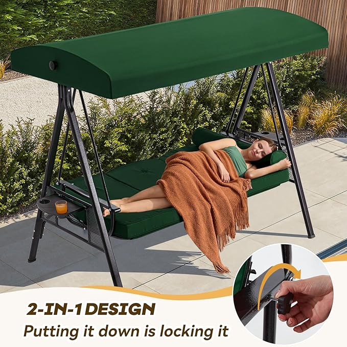 3 in 1 Outdoor Porch Swing with Canopy, 3 Seat Outdoor Swing for Adults, Patio Swing Chair with Thickened Cushions - Photo 2