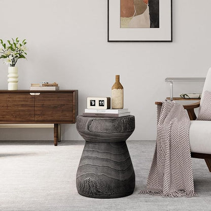 HOMPUS Outdoor Side Table with Checkerboard Grain Tabletop, Concrete Patio Table Mushroom Shaped, MgO Lightweight Round End Table Modern Vintage Round Coffee Table for Indoor Outdoor Use, Grey