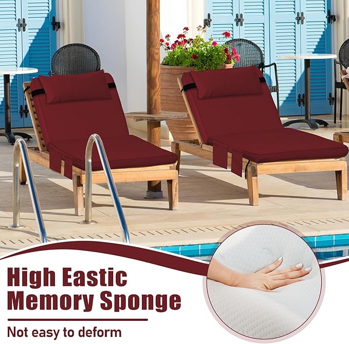 Tondiamo 2 Set Outdoor Chaise Lounge Cushions with Pillows and Storage, 72 x 21 x 3 Inch Outdoor Lounge Chair Seat Pads Outside Waterproof Chaise Cushion for Lawn Patio Furniture(Wine Red)