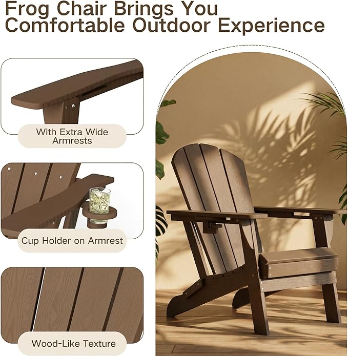Kingdura Foldable Adirondack Chair, Portable HDPE All Weather Resistant Outdoor Patio Chair, Wooden Textured with Cup Holder, 380LBS Capacity for Poolside, Backyard, Deck, Fire Pit (Brown)