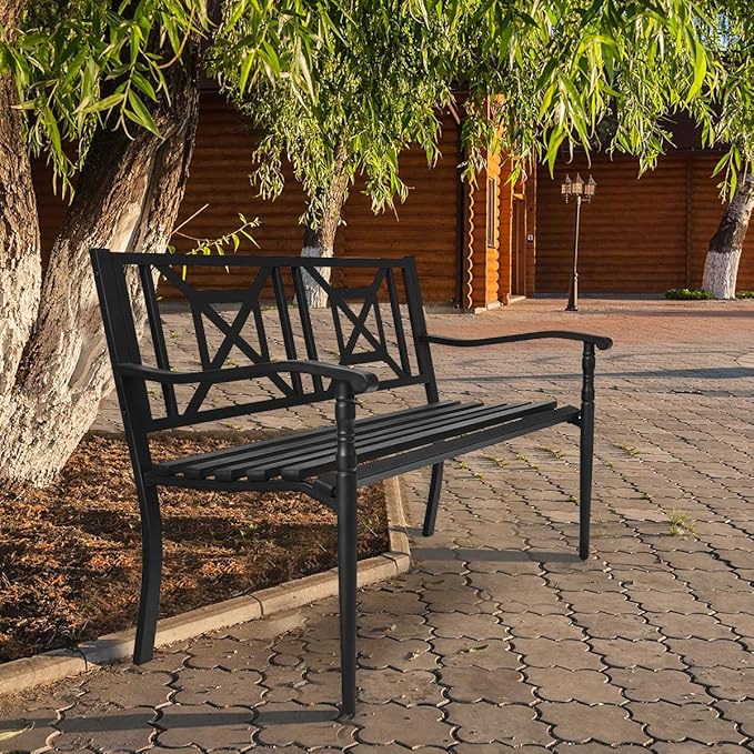 S AFSTAR Outdoor Garden Bench, Metal Porch Bench Seat with Slated Seat & Decorative Backrest - Photo 6