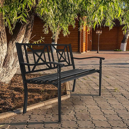 S AFSTAR Outdoor Garden Bench, Metal Porch Bench Seat with Slated Seat & Decorative Backrest, 2-Person Loveseat for Patio Garden, Powder Coated Iron Frame, Patio Bench Front Door Bench for Outside