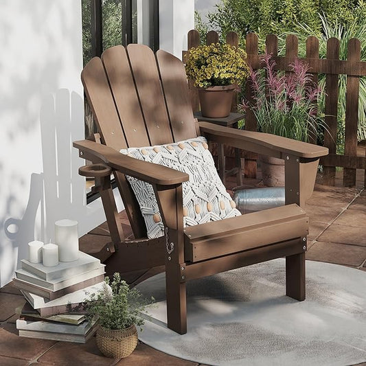 Domi Folding Adirondack Chair, HDPE All-Weather Outdoor Chair with Cup Holder, Wooden Textured Fire Pit Chair for Backyard, Patio, Poolside & Deck, Khaki
