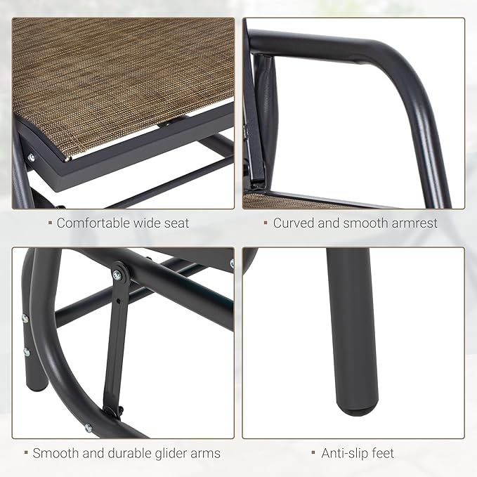 Outsunny Porch Glider, Metal Frame Swing Glider Chair with Breathable Mesh Fabric, Curved Armrests and Steel Frame for Garden, Poolside, Backyard, Balcony, Light Mixed Brown