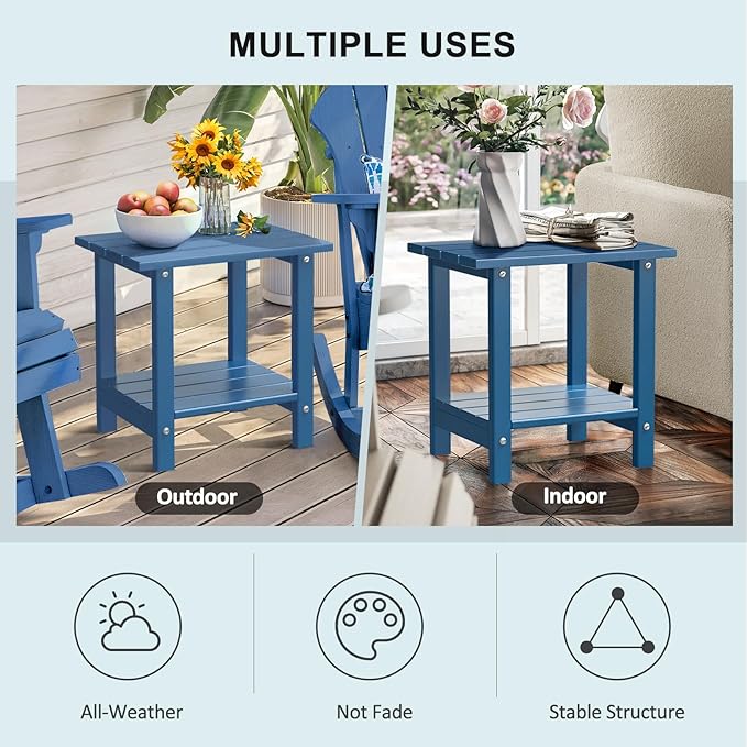 Adirondack Outdoor Side Table, 16.6" Small Patio End Table, 2-Tier HDPE Plastic Table for Poolside Porch Garden, Weather Resistant & Easy Assembly (Navy Blue, Rectangle)