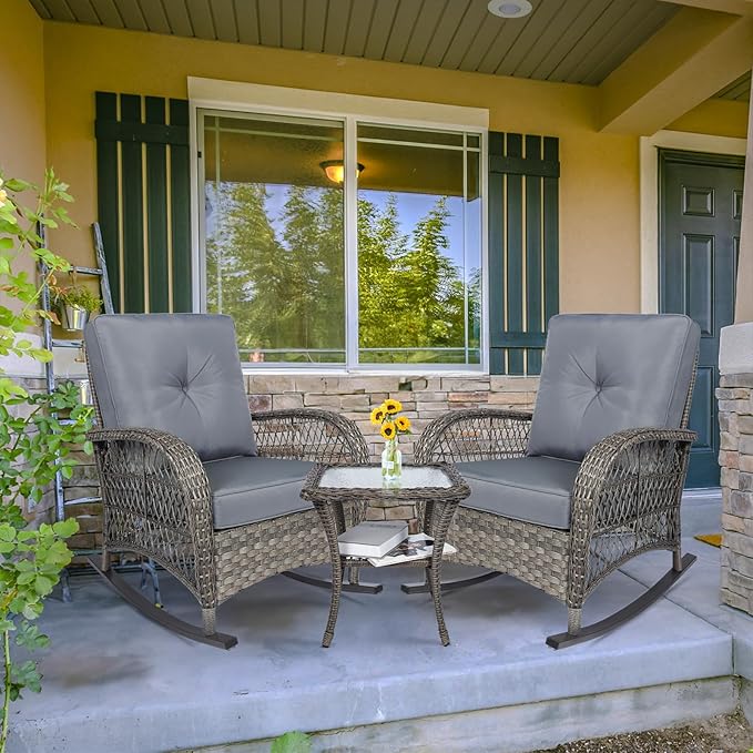 MEETWARM 3 Pieces Outdoor Wicker Rocking Chair Set - Photo 8