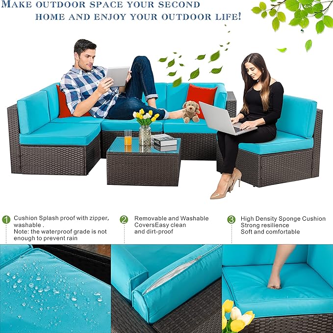 Vongrasig 6 Piece Patio Furniture Set, Small Outdoor Sectional Sofa Couch, All Weather PE Wicker L-Shaped Corner Patio Sofa Garden Backyard Patio Conversation Set w/Glass Table, Blue
