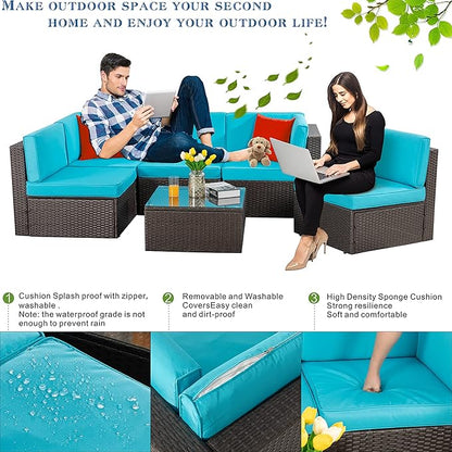 Vongrasig 6 Piece Patio Furniture Set, Small Outdoor Sectional Sofa Couch, All Weather PE Wicker L-Shaped Corner Patio Sofa Garden Backyard Patio Conversation Set w/Glass Table, Blue