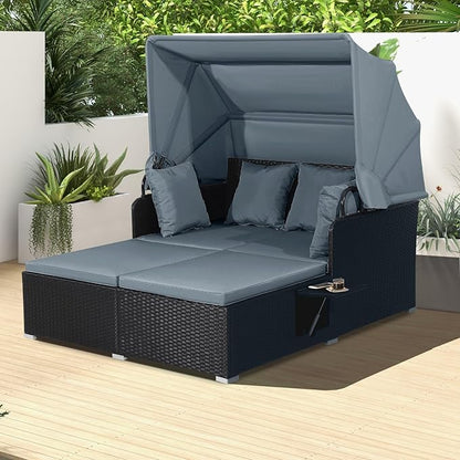 LDAILY Moccha Outdoor Daybed with Retractable Canopy, Wicker Cabana with 2 Side Tables & Soft Cushions,Hand-Woven PE Rattan Bed Lounger, Patio Sectional Furniture Set for Garden Backyard Porch (Grey)