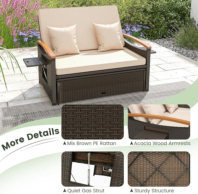 Tangkula Patio Rattan Daybed with 4-Level Adjustable Backrest, Outdoor Wicker Loveseat with Acacia Wood Armrest - Photo 7