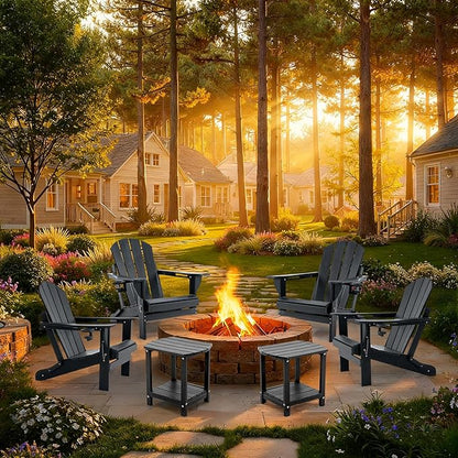 Folding Outdoor Adirondack Chairs Set of 4 with HDPE Side Tables-Plastic Weather Resistant Patio Chairs with Small Outdoor Side Tables 2 Storage for Patio,Fire Pit, Garden and Backyard
